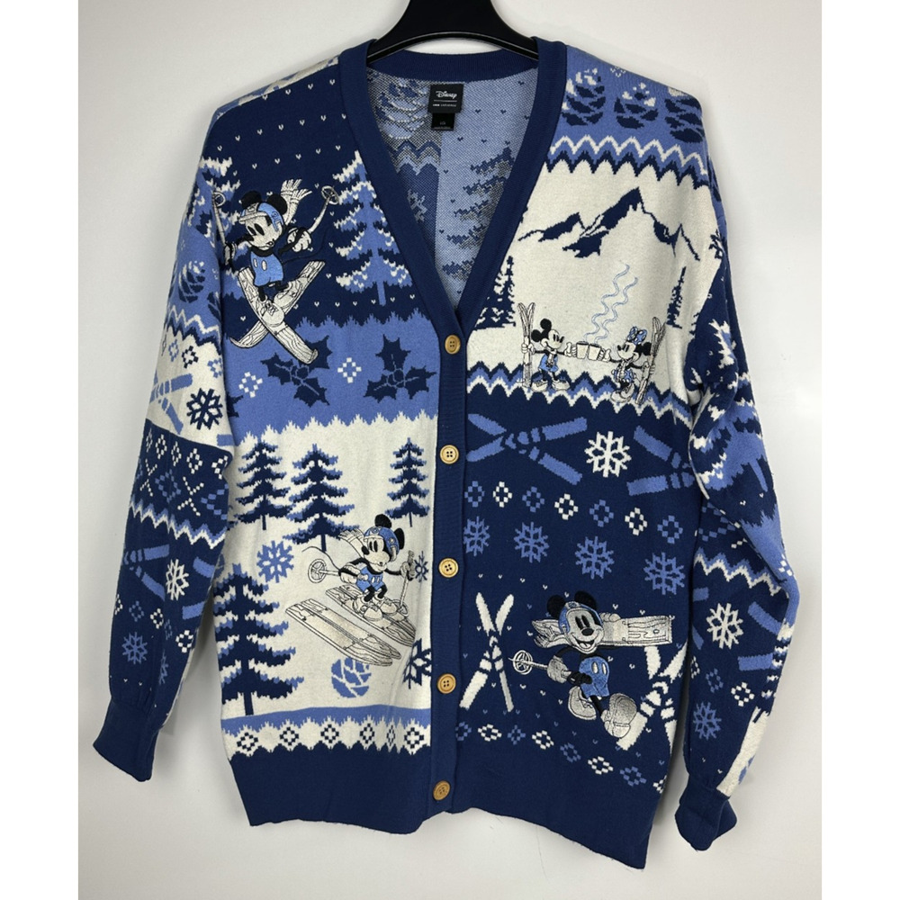 Her Universe Disney Mickey & Minnie Mouse Skiing Patterned Cardigan Oversized LG - Picture 3 of 14